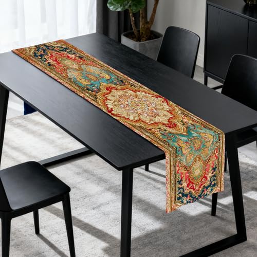 Image of Nuxovilar Ornate Persian Flax Table Runner 13x72 in | Persian Floral Table Runner for Elegant Dinners, Artistic Gatherings, Luxury Decor