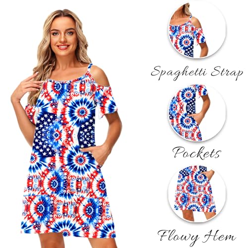 Image of Deerose Womens 4th of July Dresses Cold Shoulder American Flag Tie Dye A-Line Dress with Pockets