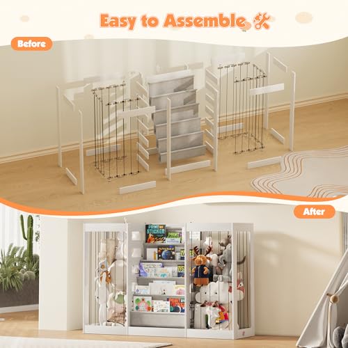 Image of NACHES Montessori Kids Bookshelf with Enclosed Toy Storage, Dual Mesh Bins for Stuffed Animals, Front-Facing Book Organizer for Toddlers Playroom Bedroom (White)