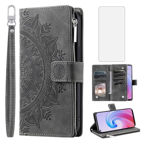 Phone Case for OPPO Realme 9i 4G/A76 4G/A96 4G/A36 4G Wallet Cover With Tempered Glass Screen Protector and Wrist Strap Mandala Flower Leather Flip Zipper Credit Card Holder Stand Cell Women Grey