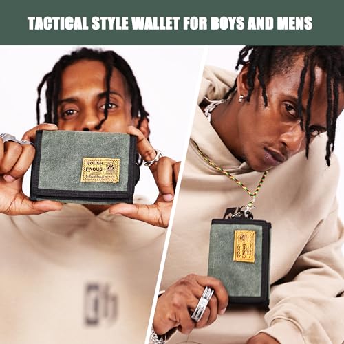 Rough Enough Boys Wallet for Teen Boys Kids Men Tactical Army Green Waxed Canvas with Keychain Neck Lanyard2