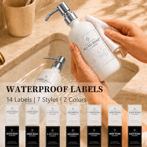 Image of Fachixy White Glass Soap Dispenser (2 Pack), 16 Fl Oz Hand & Dish Soap Dispenser Bottles Set with Rust-Resistant Stainless Steel Pump, Non-Slip Pad, 14 Waterproof Labels for Kitchen and Bathroom