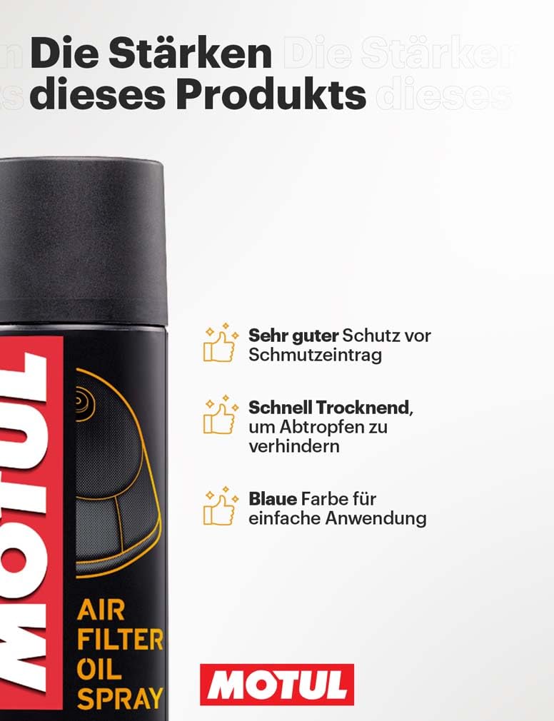 Motul Luftfilteröl-Spray, Für Schaumstoff-Luftfilter, Blau gefärbtes Haftöl, Geeignet für Motocross-, Enduro-, Trial- und Trail-Maschinen und Quads, MC Care Air Filter Oil Spray A2, Sprühdose, 400 ml