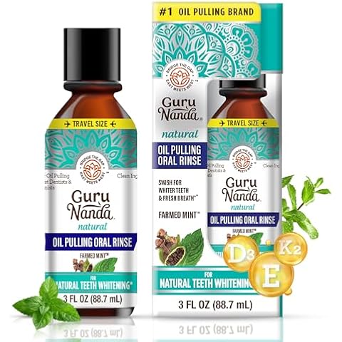 GuruNanda Travel Size Coconut Oil Pulling, 7 Essential Oils & Vitamins, Fresh Breath & Whitening Mouthwash, No Alcohol & Fluoride, 3 oz Cover