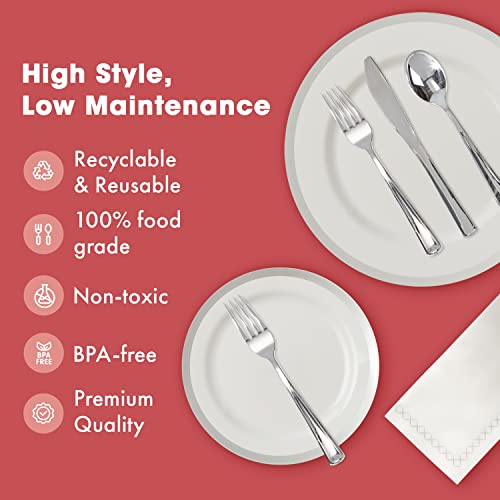 By Madee HEAVYWEIGHT Elegant Disposable Dinnerware Set - Silver Fancy Plastic Dinnerware Sets with Plates, Cutlery, Napkins - Disposable Party Plates for Wedding, Baby Shower - 175 Pcs (25 Guests)