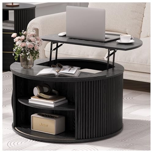 JOINICE 31.5' Black Round Lift Top Coffee Table, Modern Fluted Drum Center Table with Hidden Storage, Minimalist Circle Wood Desk for Living Room & Small Apartment