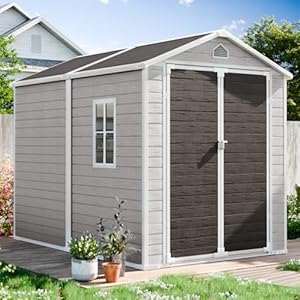 8×6 FT Resin Shed Waterproof Large Outdoor Storage Shed with Floor Lockable Door Window Vents Plastic Tool Sheds for Outside Patio Poolside Lawn All Weather Use Dove Grey