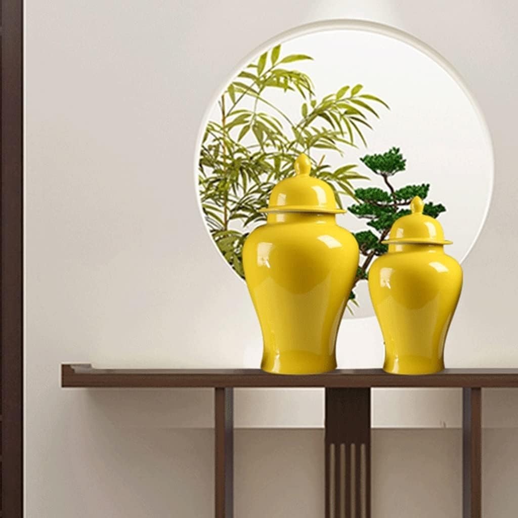Nowoczesny wazon porcelanowy, chiński ceramiczny słoik na imbir z pokrywką, duży dekoracyjny słoik, żółty orientalny słoik świątynny (L)