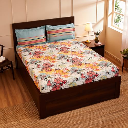 Image of Amazon Brand - Solimo Floral Splash 144 TC 100% Cotton Double Bedsheet with 2 Pillow Covers, Peach, 144 TC