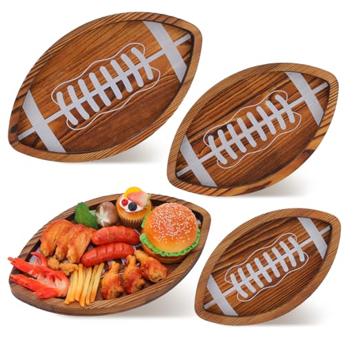Ovveroche 3 Pcs Football Serving Trays and Platters 11-15inches Wooden Football Shaped Plates Serveware for Game Day Birthday Party Sports Event