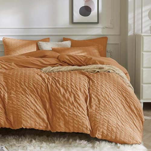Image of JELLYMONI Seersucker Duvet Cover Set Full, 3pcs Brunt Orange Polyester | In Guest Room & Studio, Single Upgrades Pick, Crinkled Texture, Oeko-Tex Certified, 8 Corner Ties & Hidden Zipper