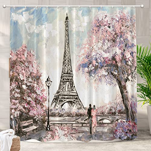 Batmerry Vacation in Europe Decor Shower Curtain,Street View of Paris Eiffel Tower Bathroom Decor Polyester Fiber Plastic Rings Quick-Drying Waterproof for Bathtubs/Bathroom