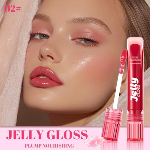 Image of WanTuoluo Jelly Lip Gloss, Soft Lip Tint, Instantly creates a Sheer Glass-like Shine, Cool Blue Red Rose Mocha Bean Chocolate Brown Colors, Smoothing, Moisturizing, Plump and Hydrated (B02)