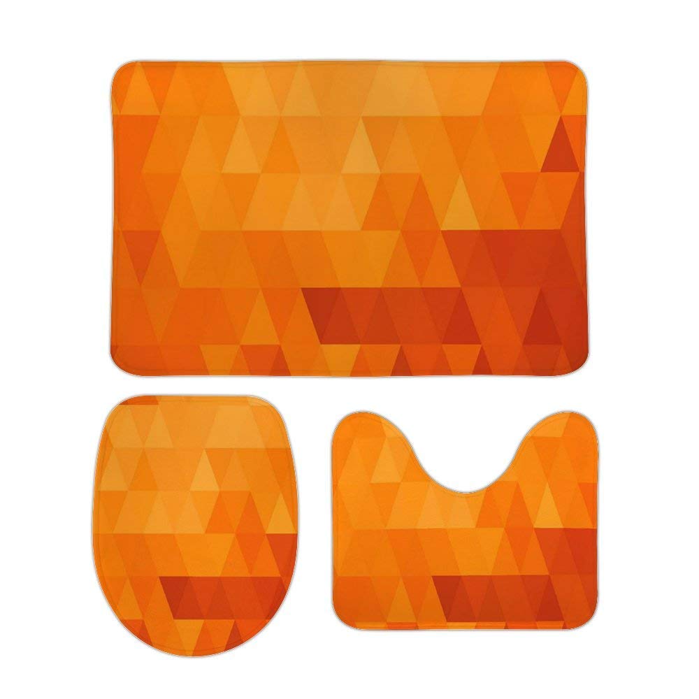 RedBeans Non Slip Bath Mat 3 Piece Flannel Bathroom Rug Set,Burnt Orange Triangle Mosaic Shaded Shapes and Patterns Soft Pedestal Anti Slip Shower Mat Carpet Toilet Cover Rug Set