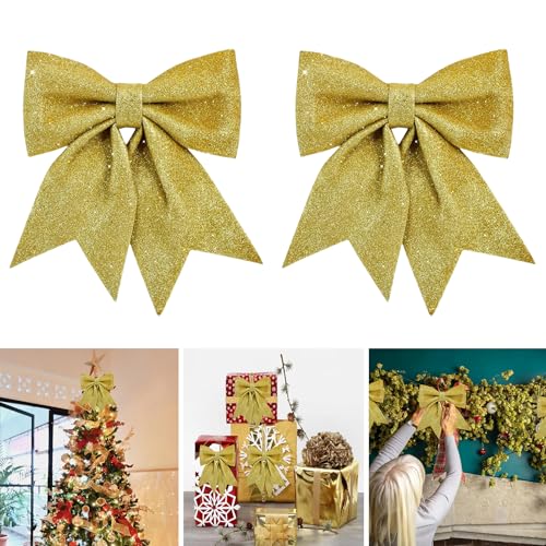 KOPOGTY 2pcs Christmas Bow Decoration, Christmas Tree Bow Gold Bows Christmas Arbol De Navidad Gold Bows for Christmas Tree for DIY Crafts Gift Wrap Holiday Party Decoration (10 Inch/Gold)