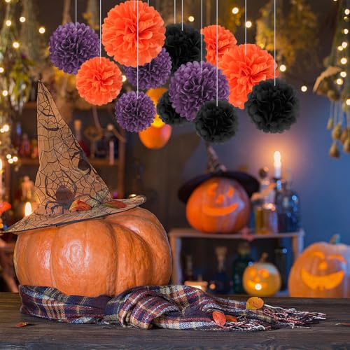 Image of 18 PCS Tissue Paper Pom Poms, Tissue Pom Poms Flowers, Sizes of 6 inch, 10 inch, 12 inch, 14 inch Hanging Paper Flower Ball for Wedding, Birthday, Halloween, Party Decor (Black Orange Purple)
