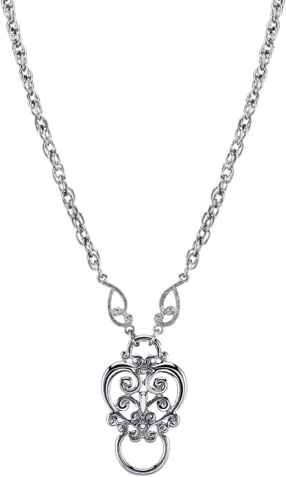 Silver Tone Heart Filigree Necklace, Badge Holder & Eyeglass Holder, 1928 Jewelry Necklace with Pendant - Heart Pendant with Filigree Design and Accessory Holder Ring, 28" Chain, Jewelry for Women
