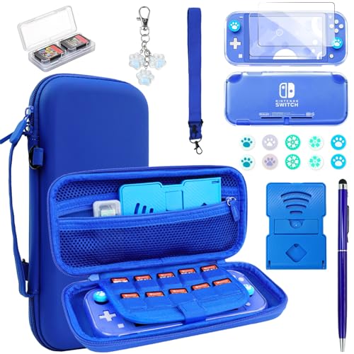 Switch Lite Case Carrying Case- 19 in 1 for Nintendo Switch Lite Accessories Bundle with Switch Lite Thumb Grips, Clear Protective Case,Screen Protector Cover, Cute Pendant,Stand,Stylus,for Boys,Blue