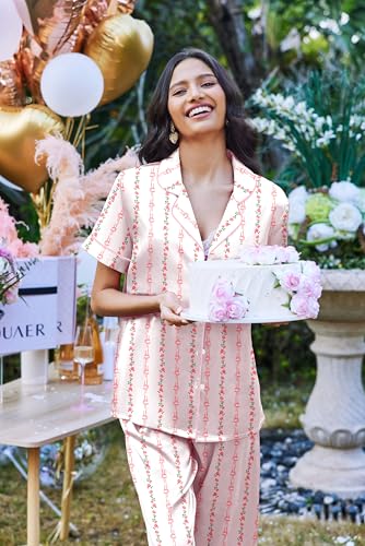 Image of Ekouaer 2 Piece Satin Short Sleeve Pajamas Set Button Down Sleepwear | Soft Pjs Set Classic Loungewear for Wedding, Party, Home, Daily Wear, Date Nights