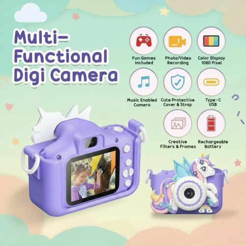 Image of MAVOKIS Kids Digital Camera for Girls & Boys 3-9 Years,Unicorn Silicone Cover,1080P HD Video Camcorder, Selfie,Games,Photo Frames,2.0 Inch Screen,Rechargeable Battery,SD Card(Not Included),Purple