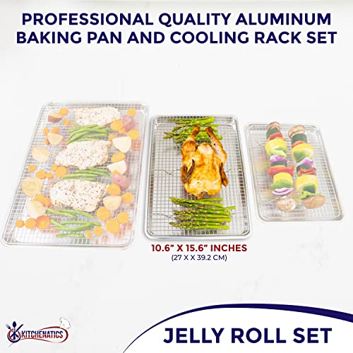 Image of KITCHENATICS Jelly Roll Baking Pan and Rack Set Nonstick 10.6x15.6 | Aluminum tray and stainless steel rack combo used together or apart for baking, cooling or roasting