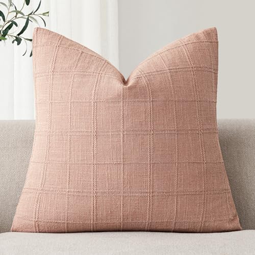 Image of Foindtower Set of 1 Decorative Linen Check Throw Pillow Cover Neutral Farmhouse Vintage Cushion Cover Modern Boho Accent Home Decor for Sofa Chair Couch Bedroom Living Room,18x18 Inch,Coral Pink