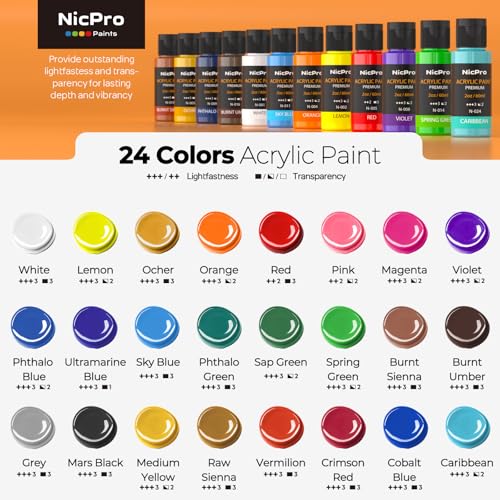 Image of Nicpro Acrylic Paint Set 24 Colors 2oz with 12 Brushes & Palette | Non-Toxic Art Supplies Kit, Rich Pigments for Beginners, Artists, Painting on Fabric, Canvas, Wood, Rock, Ceramic