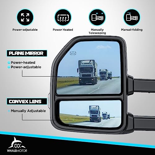 Image of Smoked Power Heated Tow Mirrors Compatible with 2004-2014 Ford F150 F-150 Pickup Truck, Extended Trailer Towing Side Mirrors with LED Puddle Light, Carbon Fiber Grey Housing
