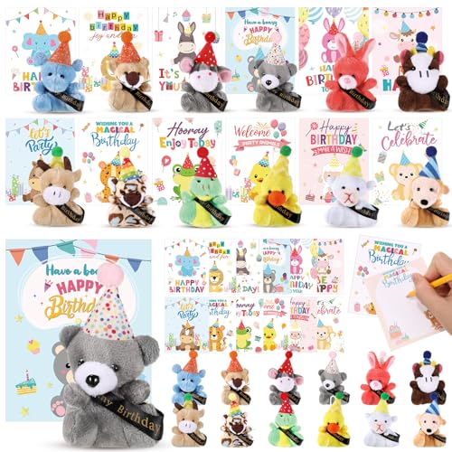 Seenelling Birthday Mini Plush Toy with Hats, Party Decor Stuffed Animal Bulk for Student Classroom Reward Gifts Goodie Bag Stuffers (48 Pcs, Plush Animal with Card)