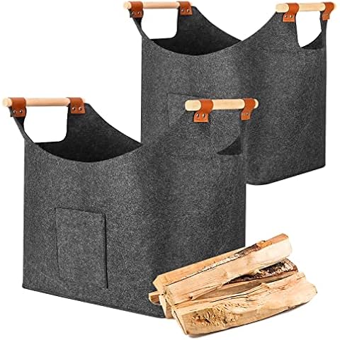 Pack of 2 Wood Baskets for Firewood, Large, Foldable Firewood Basket with Storage Bag, Felt Bag with Reinforced Wooden Handle, Felt Bags, Shopper for Firewood, Wood, 45 x 32 x 40 cm, Grey Cover