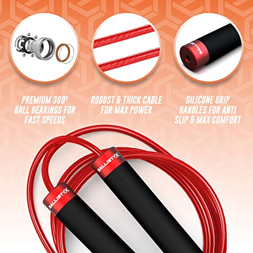 Ballistyx Jump Rope - Premium Speed Jump Rope with 360 Degree Spin, Steel Handles, Silicone Grips and 2 x Adjustable Cables - for Crossfit, Gym & Home Fitness Workouts & More - RED