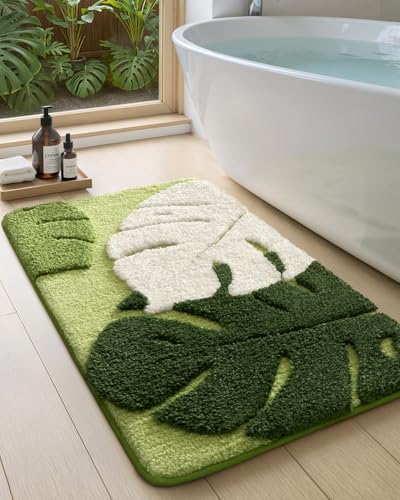 Color&Geometry Cute Leaf Bathroom Rug Plush Absorbent Non Slip Washable Plant Decor Bath Mat Ideal for Shower Sink Bathtub Floor Bedroom Kids Room 20x32 Green