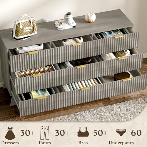 Image of HUANLEGO Fluted Dresser for Bedroom with 9 Drawers, 57 inch Mid Century Modern Dresser of Closet TV Stand, Nature Wood Dressers with Gold Handle, Boho Closet Wide Modern Chest of Drawers, Grey