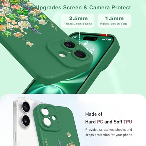 Image of Designed for iPhone 16 Case Floral for Women Girls, Green | Cute Oil Painting Flower Pattern Liquid Silicone Phone Case [Full Camera Protection] Slim Soft TPU Protective Cover