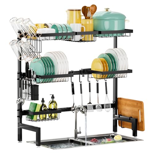 Image of Over The Sink Dish Drying Rack,Expandable Length 3-Tier Large Stainless Steel Over The Sink Dish Rack with 6 Baskets, Utensil Holder Dish Drainers for Kitchen Counter