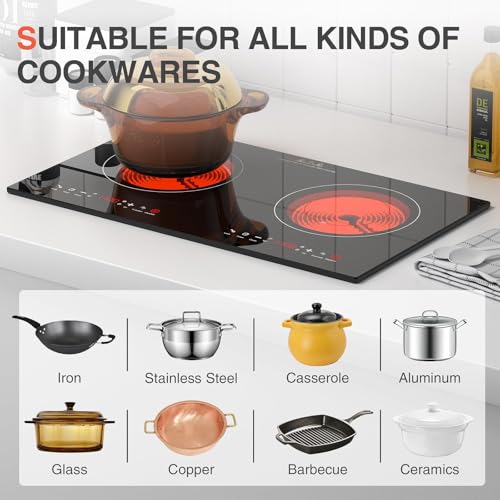 Plaque Induction 2 feux, Double Plaque de Cuisson Induction Plate 3600W, 9 Températures et Niveaux de Puissance, en Verre de Cristal, Minuterie de 4 Heures Minuteri, Pour Toute Poêle Plate – Image 3