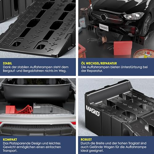 MASKO® Auffahrrampe 2er Set | Auffahrkeile bis 10T Traglast | KFZ-Rampe mit Überfahrschutz | Verladerampe rutschfest, robust und extra breit | Garagenrampen Autorampe Ölwechsel und Reparatur