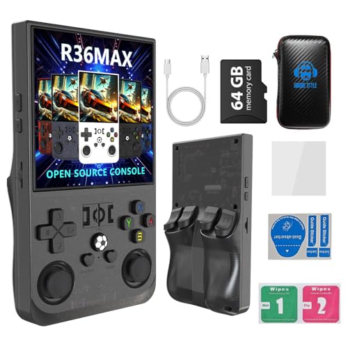 R36MAX 4000mAh Portable Rechargeable Handheld Retro Game Console,Comfort Non-Slip Handheld Standing Retro Game Console with 64G TF Car,4.0-inch Screen,for Office,Black