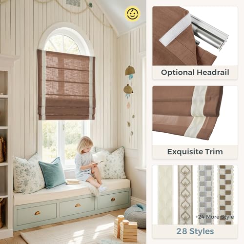 Image of TWOPAGES Liz No Drill Cordless Roman Shades Linen Textured Roman Blinds for Windows, Custom Made Room Darkening Blackout Roman Window Shades, Hardware Included, Orange Copper, 1 Piece