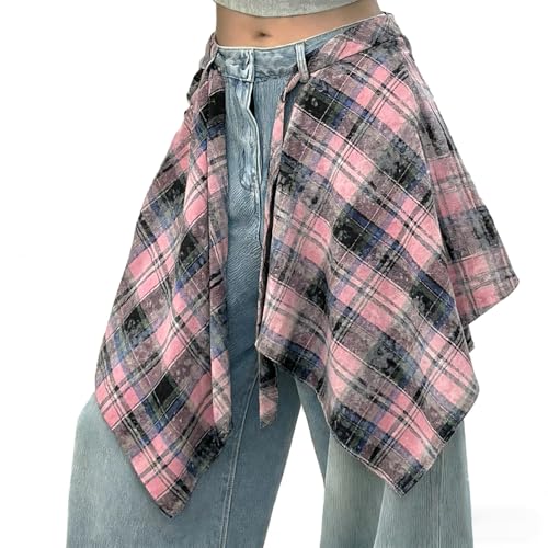 OULIGET Women's Grunge Mini Plaid Skirt,Hip-Hop One-Piece Tie Up Asymmetrical Skirt,Y2k Overlapping Jeans Decorate Skater (Pink)