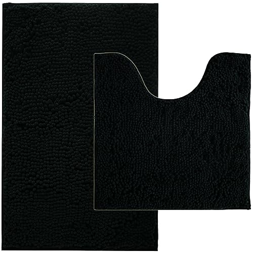 Image of BOANKODU Bathroom Rug Sets, Absorbent Chenille Bath Rugs Non-Slip, 32x20 Inch + 20x20 Inch U Shape, Machine Washable (Black)