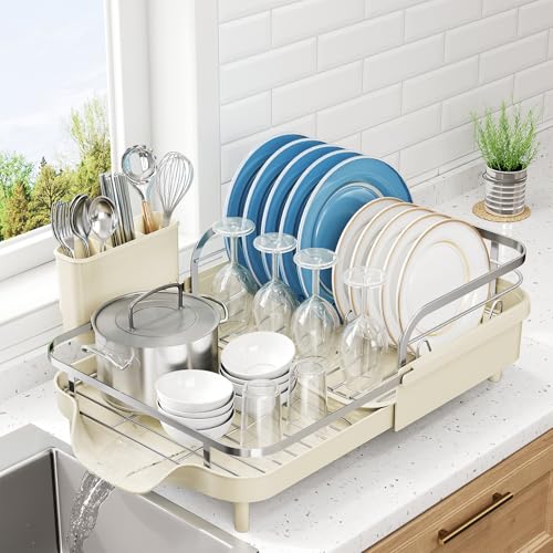 Image of SNTD Dish Drying Rack, Expandable Dish Rack for Kitchen Counter, Stainless Steel Dish Drainer with Drainboard Set and Utensil Holder (Beige)