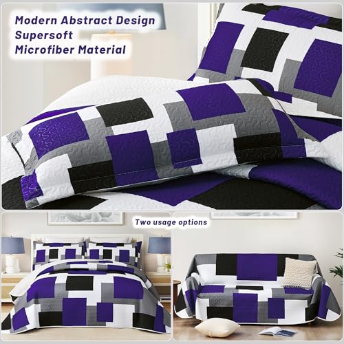 Image of Tyrot 3 Piece Purple Black Quilt Full /Queen Size White Grey Bedding Set