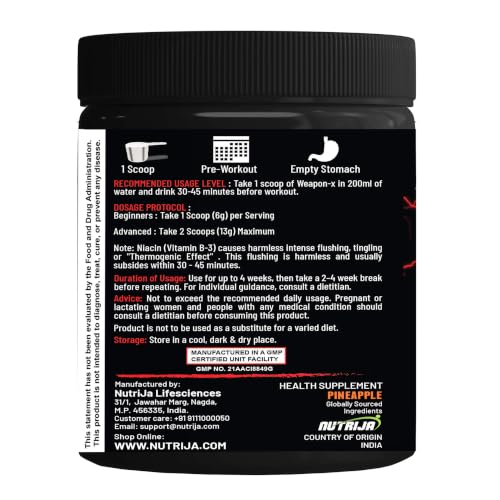 Image of NutriJa Weapon-X Pre-Workout Powder with 20 Active Ingredients -3 Best forms of Creatine, AAKG, Beta-Alanine, Caffeinated | Pumps, Viens Popping, Energy, Focus & Strength (30 Servings (Pineapple))