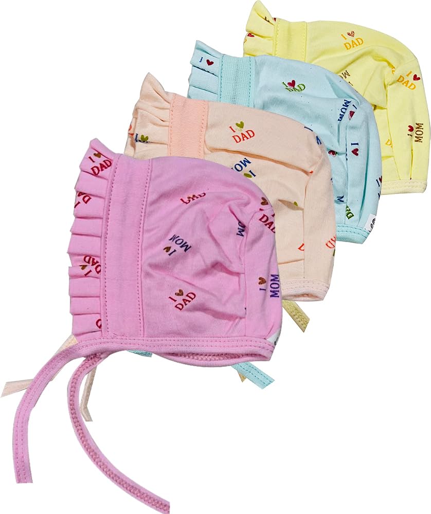KmCho Newborn Baby jalar Cap/Hat/Topi, Printed, Pure Hosiery Cotton Soft Fabric- Soft & Breathable | Cozy, Lightweight & Stretchable | Unisex Baby Cap for Everyday Comfort - 4 Pcs - DN 2