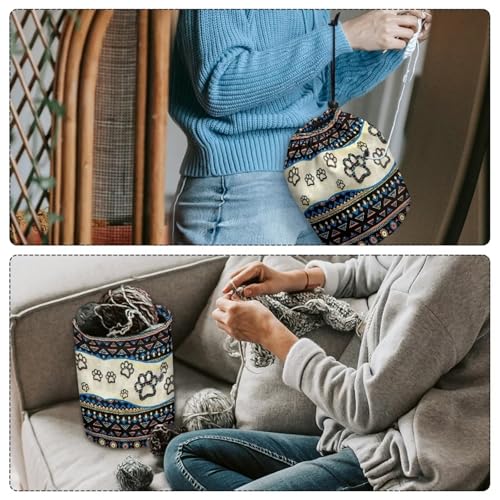 Image of Sellikakes Yarn Bag, Aztec Dog Paw Knitting Crochet Bag Yarn Storage Bag, Portable Yarn Holder for Crocheting Project Knitting Needles Sewing Accessories