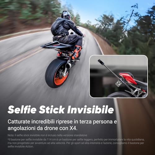 Insta360 X4 Pack Endurance - Action Cam 360° 8K Impermeabile, Video Grandangolari in 4K, Effetto selfie stick invisibile, Autonomia Batteria 135 min, Editing IA, Stabilizzazione, Sport, No Micro SD - Immagine 2