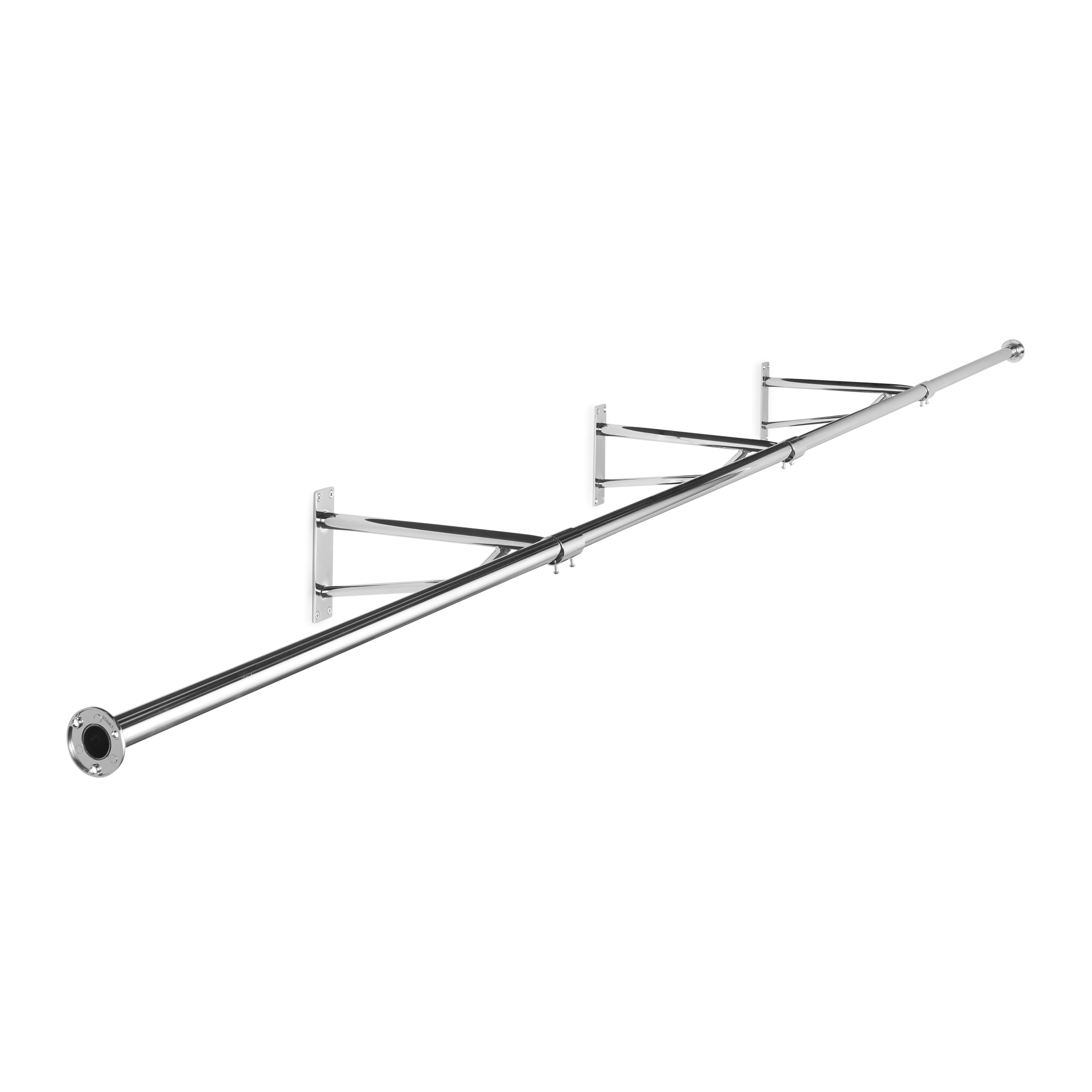 Shopfitting Warehouse Wardrobe/Alcove Chrome Tube Wall Hanging Clothes Rail - 2.4 m wide, with 3 Heavy Duty Support Arms and 2 Wall Sockets