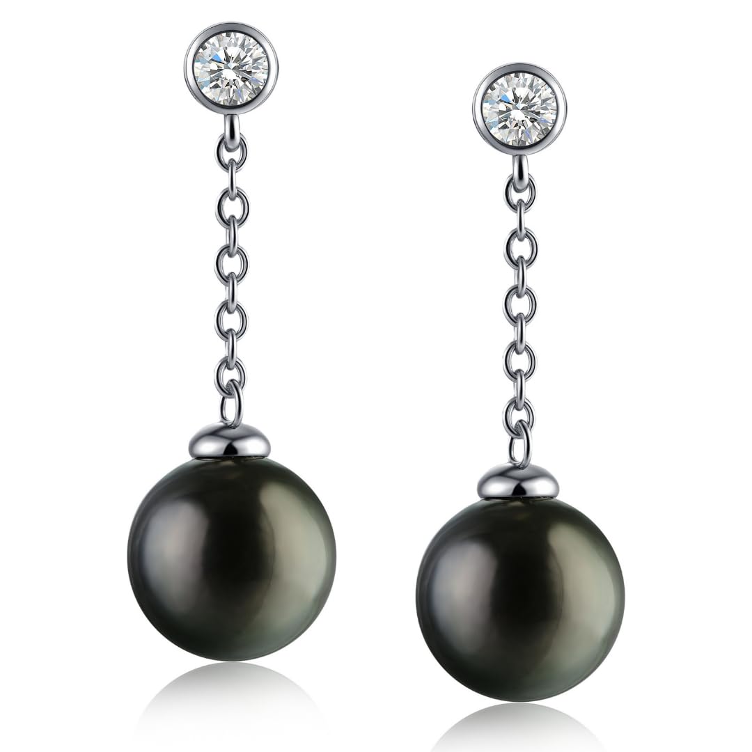 Lunar Belle Tahitian Black Pearl Tear Drop Earrings with Moissanite Accents in Sterling Silver Elegant Dangling Jewelry Gifts
