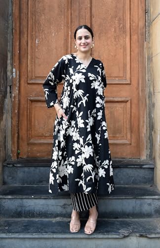Image of GoSriKi Co Ord Set for Women Viscose Printed | Kurti Set for Woman | Kurta Palazzo Co ord Set | A Line Kurti | V Neck 3 /4 Sleeve Suit Set for Women Stylish Ethnic Outfit Clothing